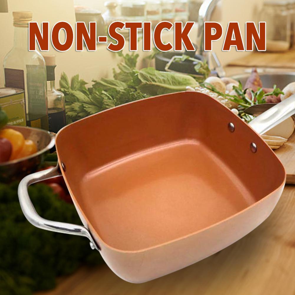 4PCS Ceramic Non-stick Pan Set With 10 Inch Deep Copper Square Fry Pan Glass Lid Fry Basket Steam Rack Kitchen Supplies