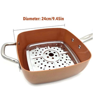 4PCS Ceramic Non-stick Pan Set With 10 Inch Deep Copper Square Fry Pan Glass Lid Fry Basket Steam Rack Kitchen Supplies