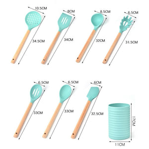 7pcs Kitchen Silicone Cooking Utensil Set Non-stick Spatula Wooden Handle Heat Resistant Cooking Accessories Kitchen Tools