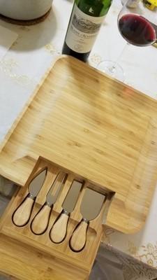 Bamboo Cheese Board with Cutlery Wood Charcuterie Platter Serving Meat Board with Slide-Out Drawer with 4 knife A9269