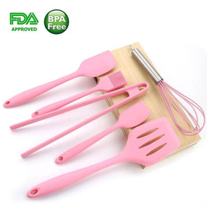 Silicone Cookware Set  Pink 6 Pieces Egg Beater Spoon Clip Spatula Oil Brush Kitchen Tools