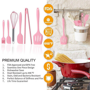 Silicone Cookware Set  Pink 6 Pieces Egg Beater Spoon Clip Spatula Oil Brush Kitchen Tools